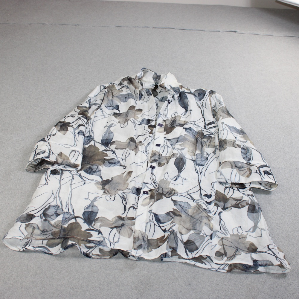 IC By Connie K Shirt Women XL White Floral Sheer Button 3/4 Sleeve Tunic Jacket